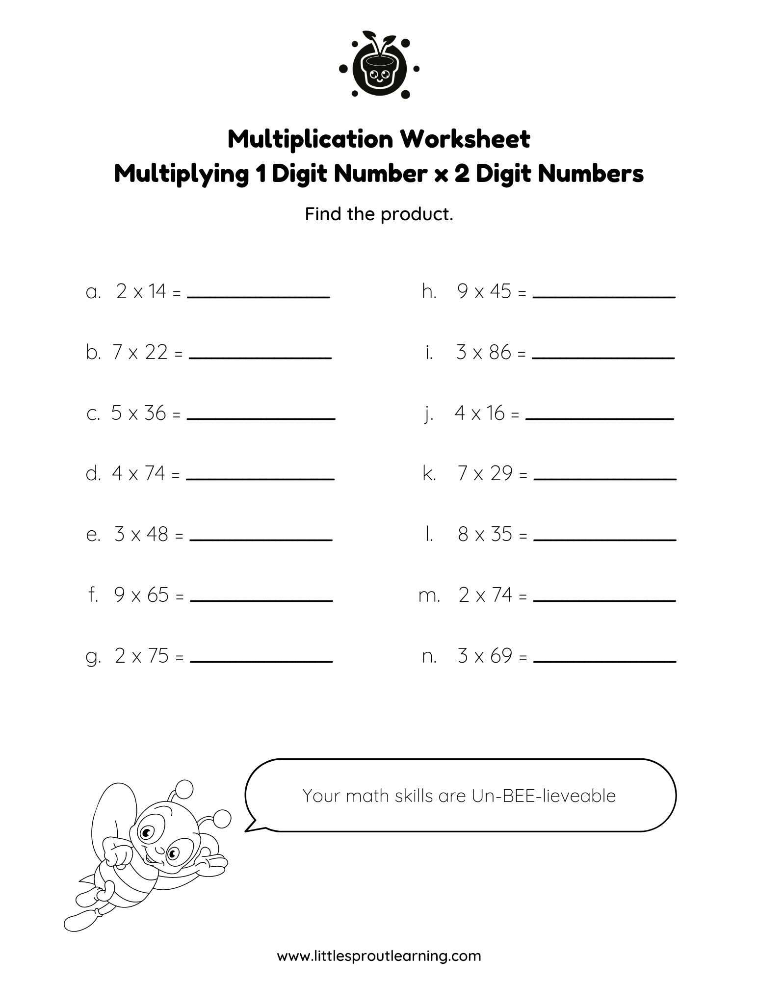 Multiplication Worksheet Single and 2 digit Numbers