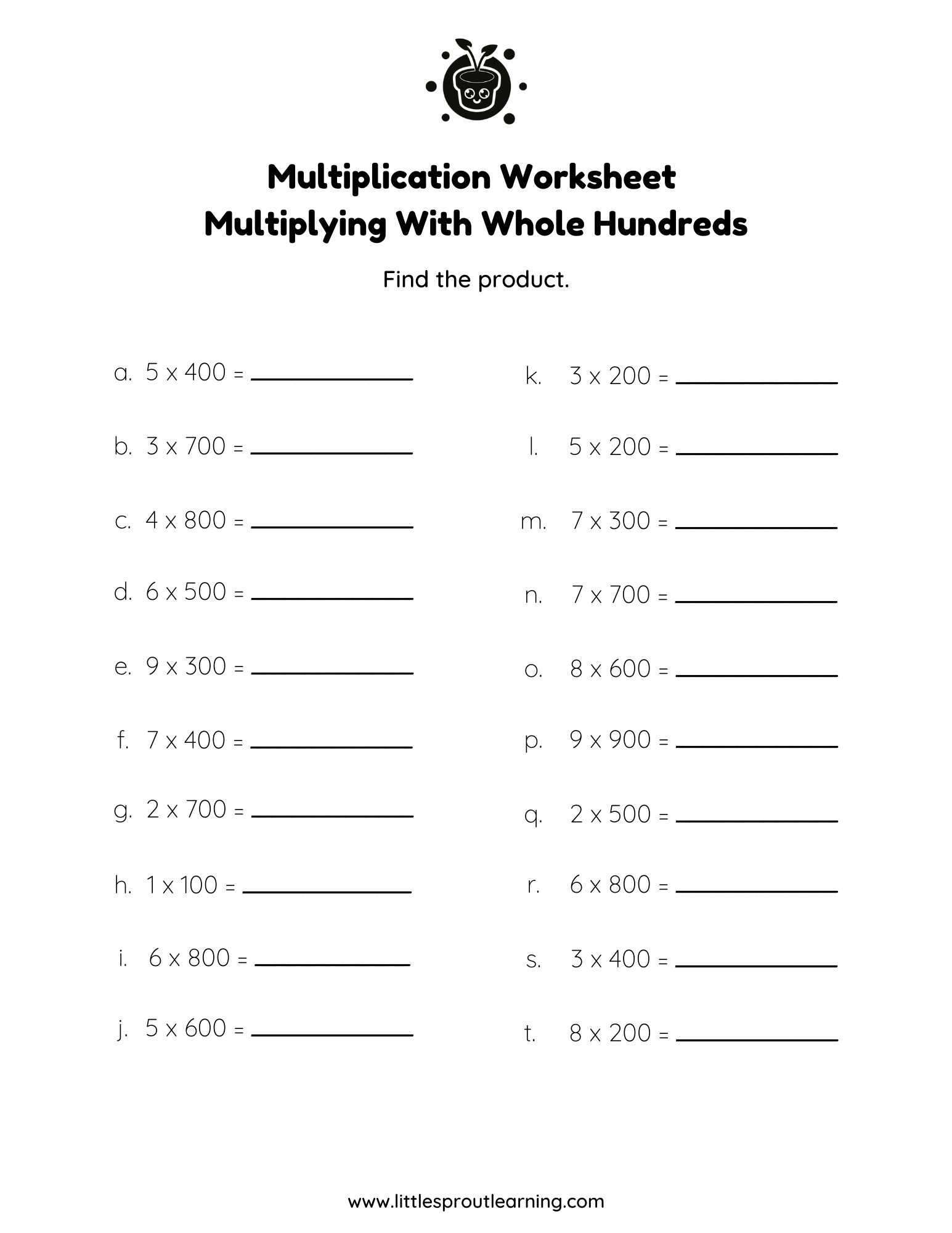 Multiplication Worksheet Multiplying with Whole Hundreds