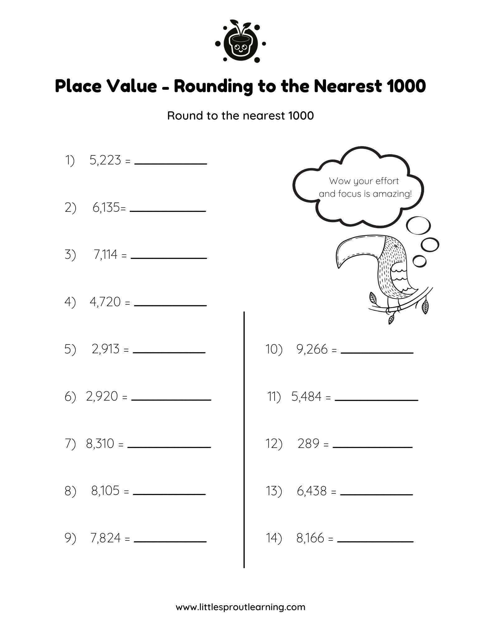 Grade 4 Math Worksheet Place Value Round to Nearest 1000