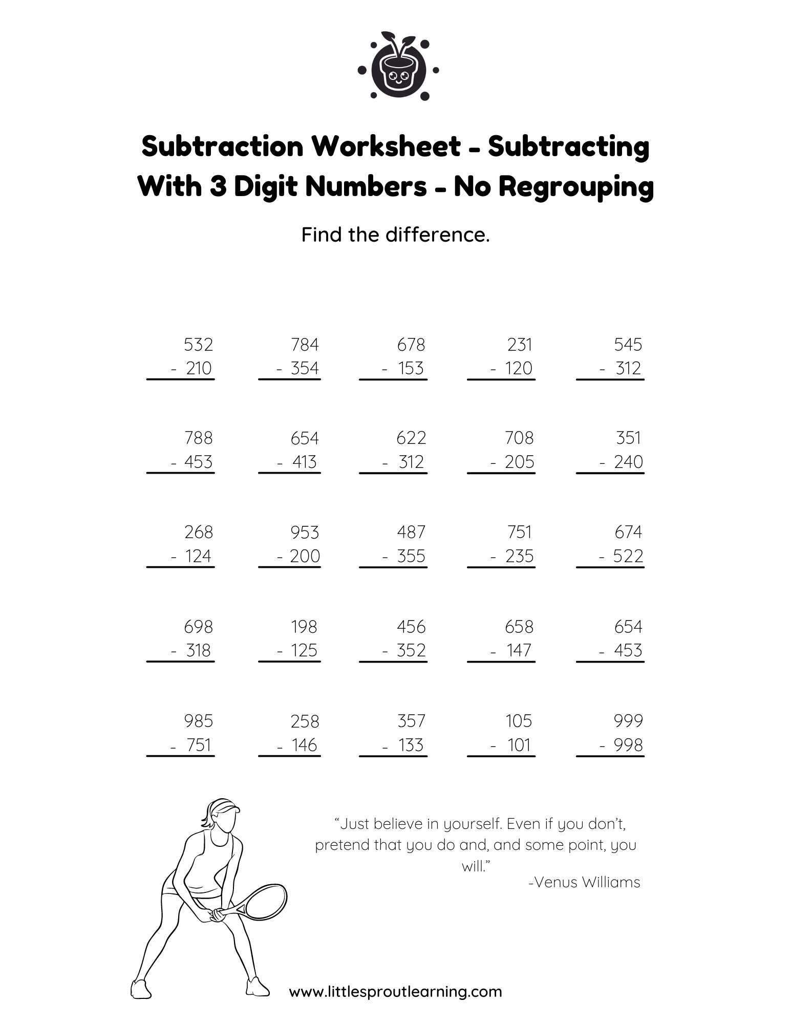 Subtracting 3 Digit Numbers Worksheet In Columns