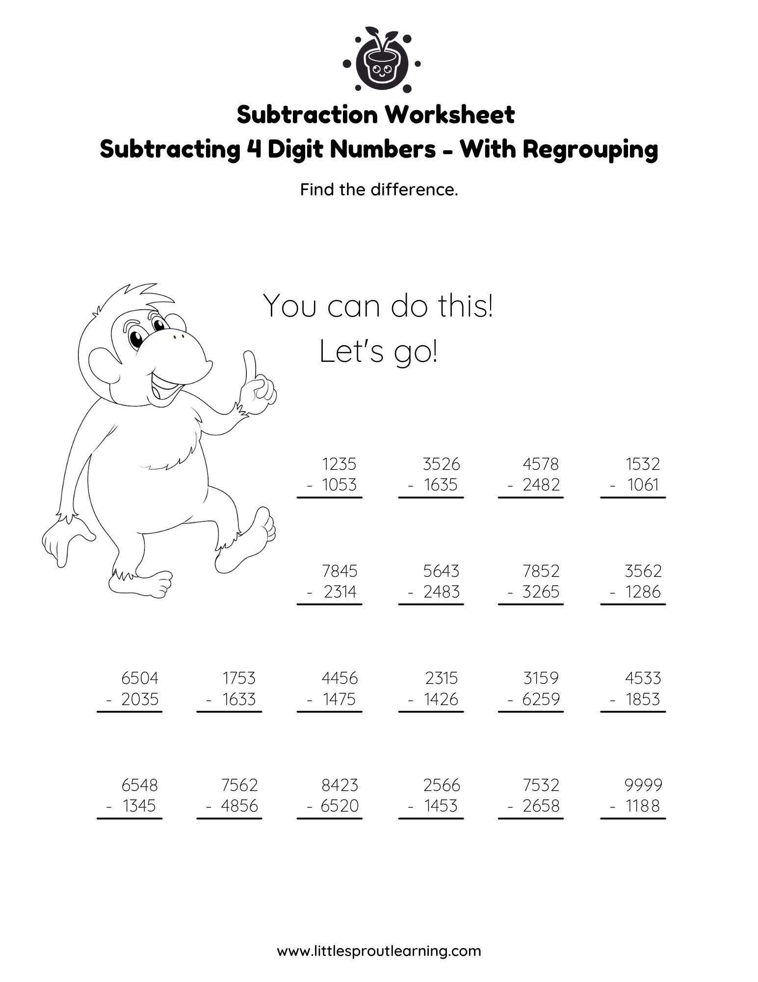 4 Digit Subtraction with Regrouping Math Worksheet