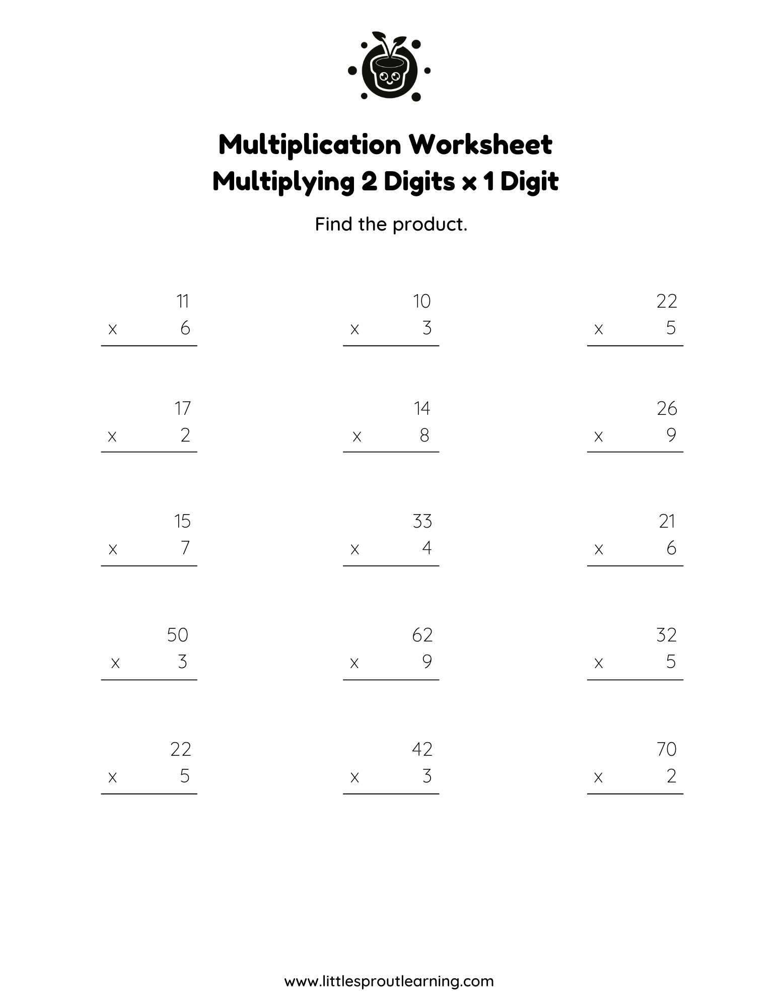 Multiplication Worksheet – Multiplying 2 Digits by Single Digits