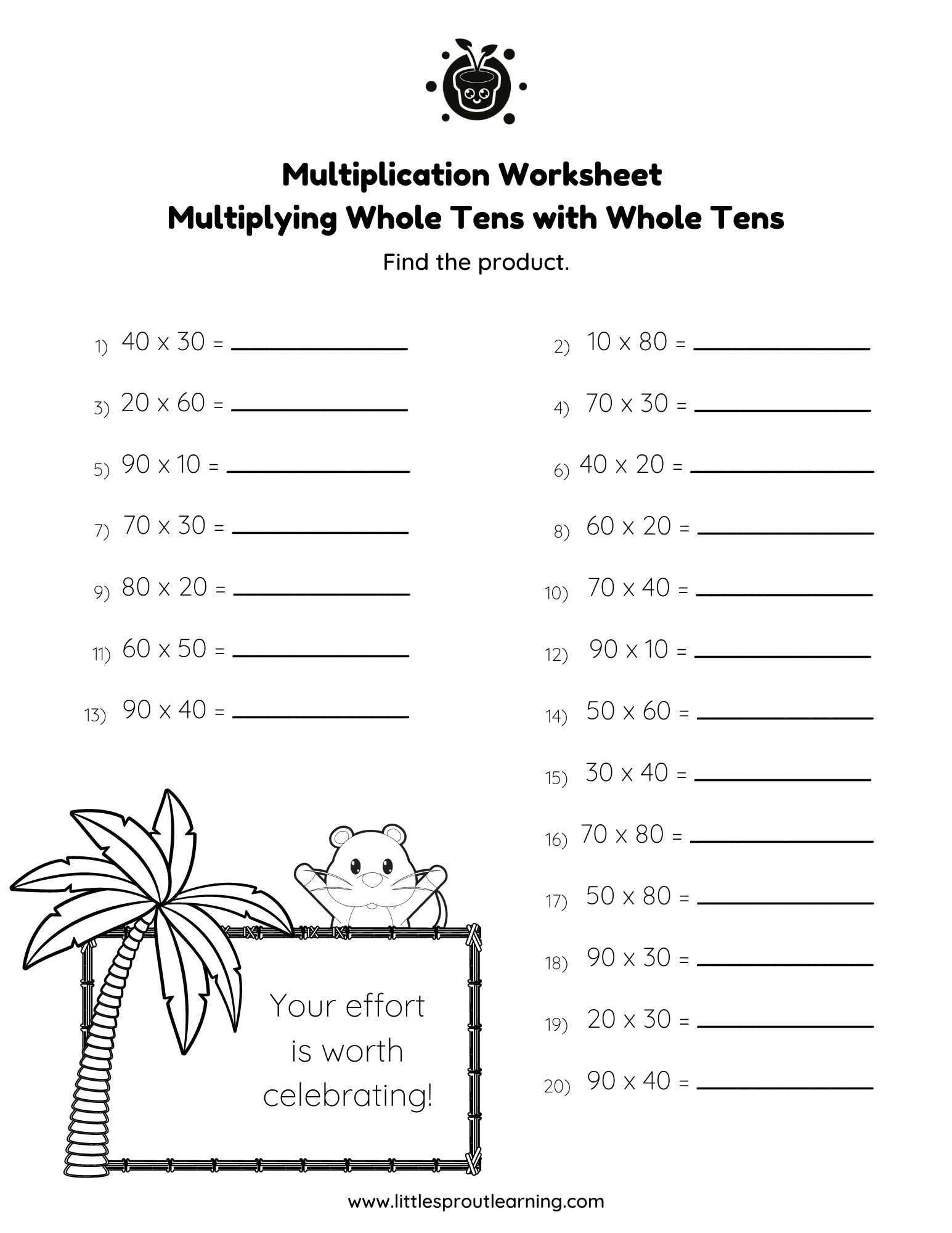Multiplication Worksheet – Multiplying Whole Tens with Whole Tens