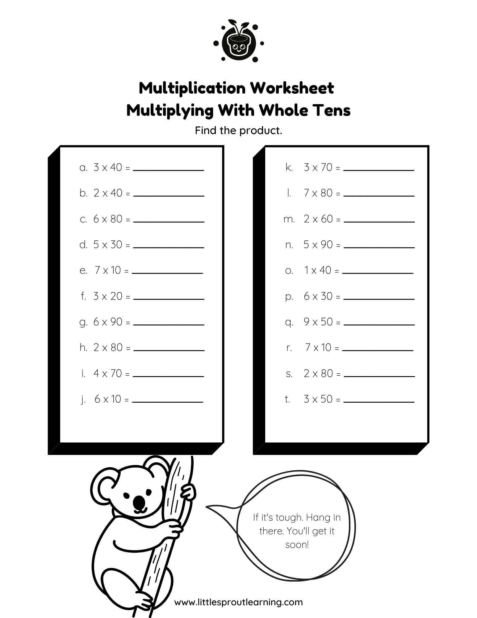 Multiplying with Whole Tens Math Worksheet Free