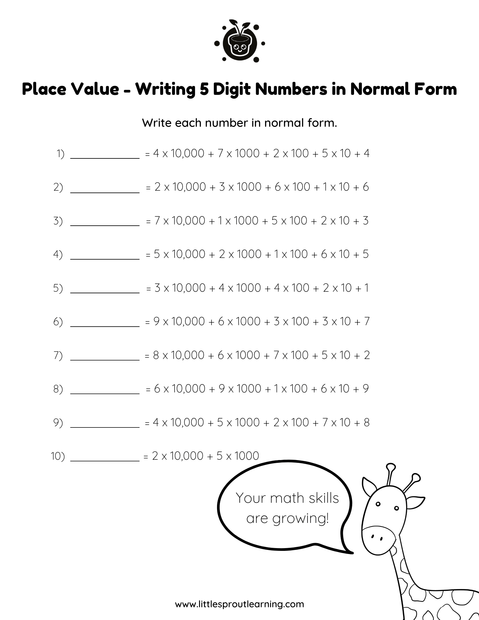 Place Values Worksheet – Write 5 Digit Numbers in Normal Form
