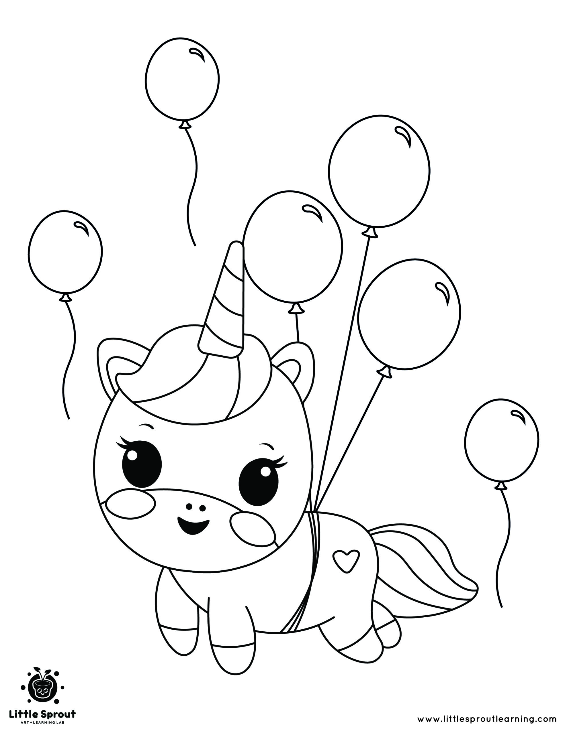 Balloons and Unicorn Kawaii Coloring Page