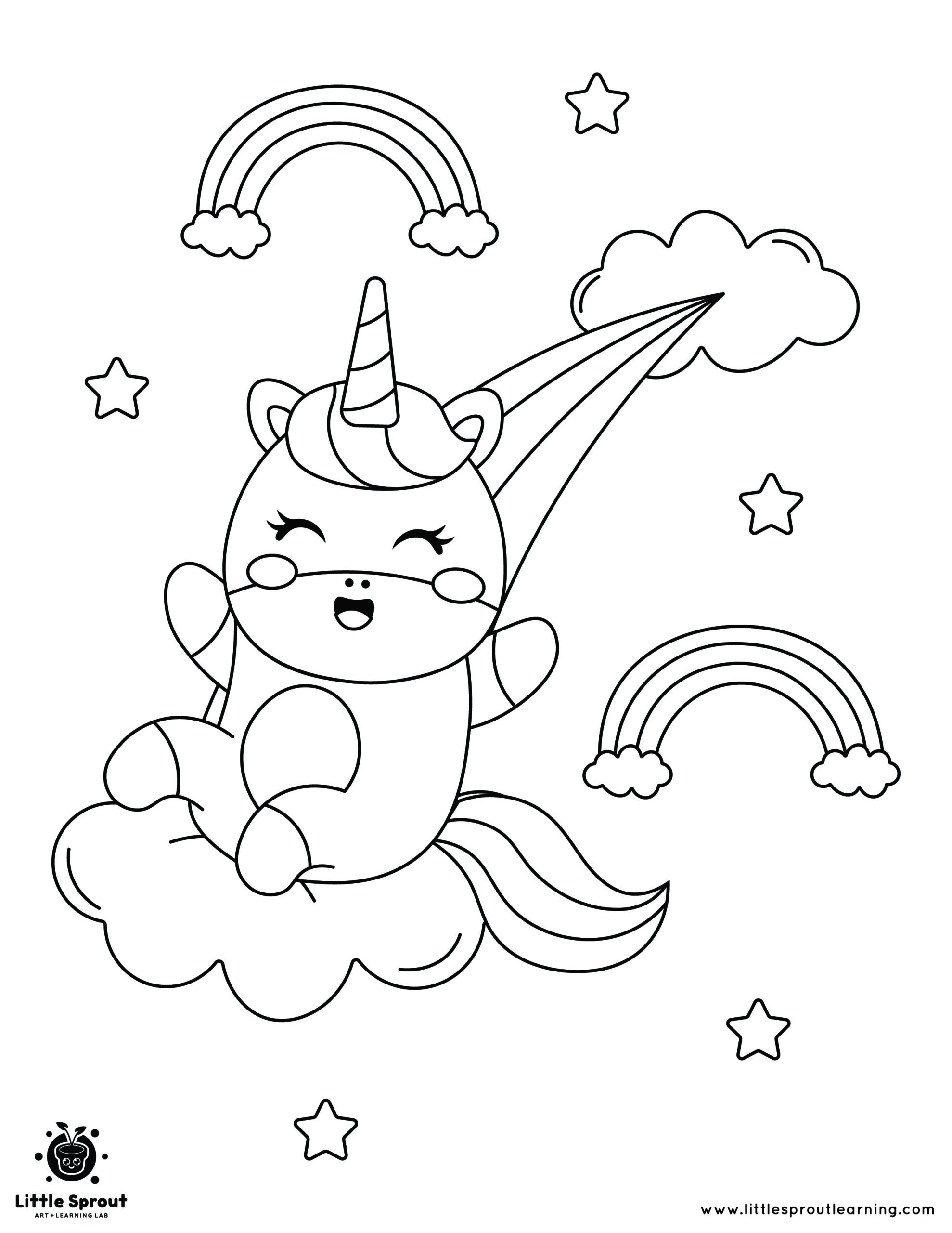 Cloud Riding Unicorn Kawaii Coloring Page