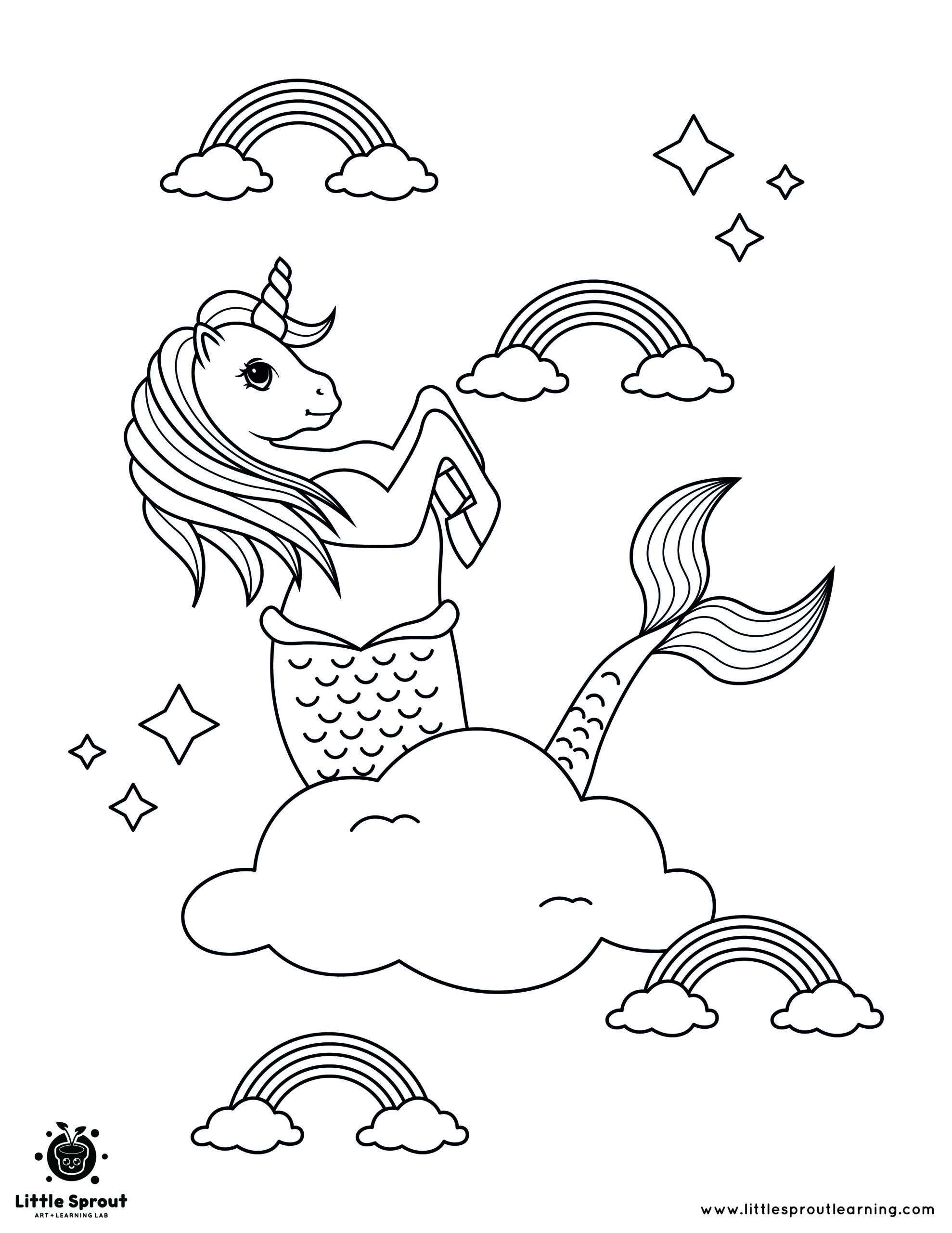 Upon a Cloud Mermaid Unicorn Coloring Page