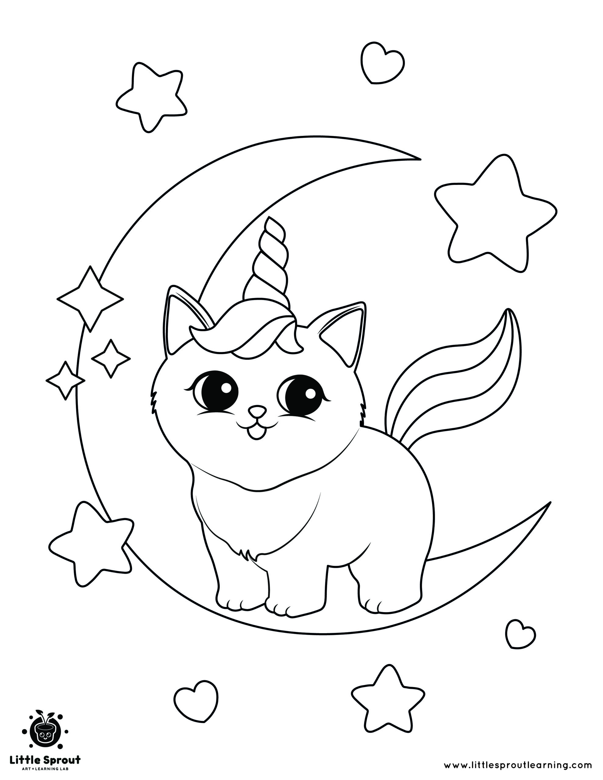 Crescent Moon Unicorn Cat Coloring Page
