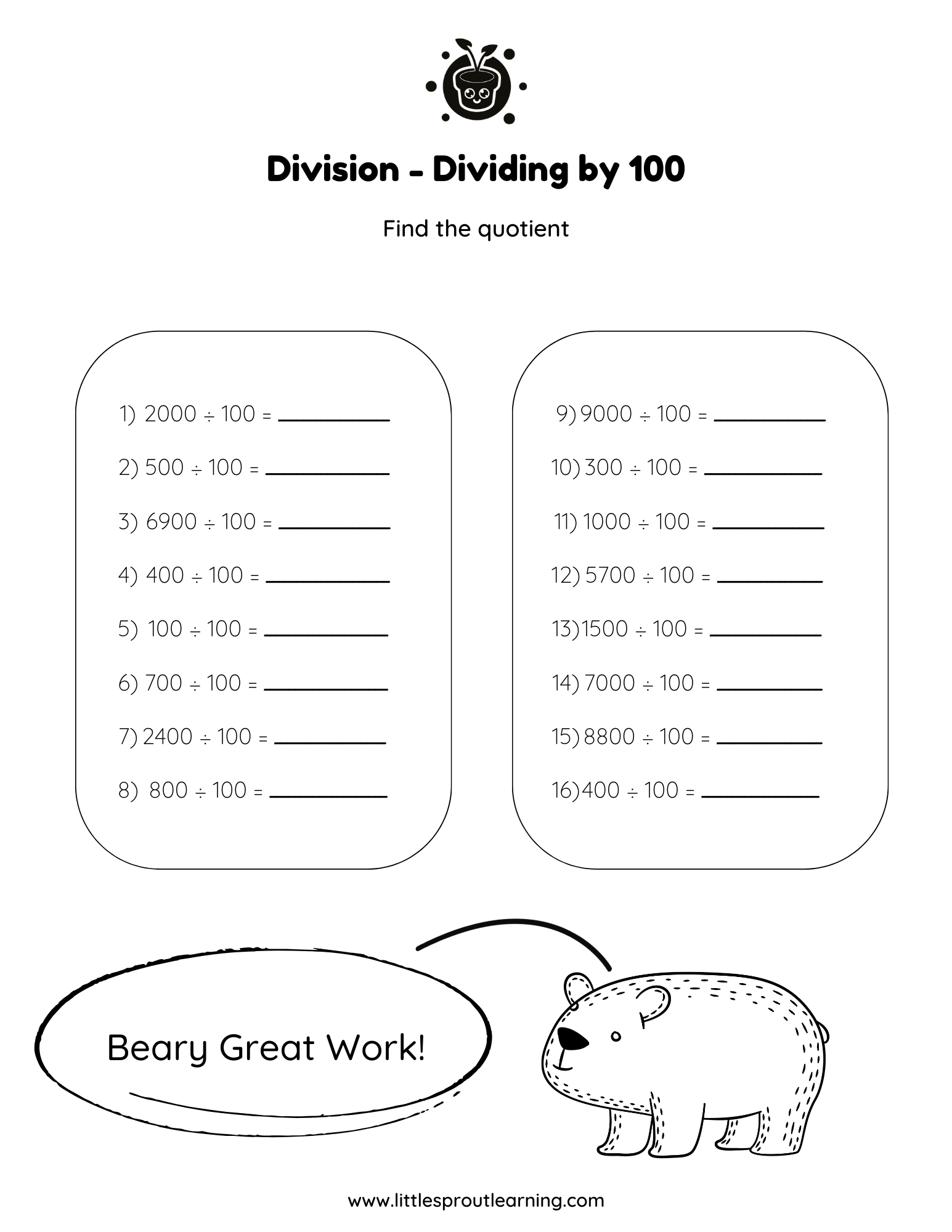 Division Worksheet – Dividing by 100