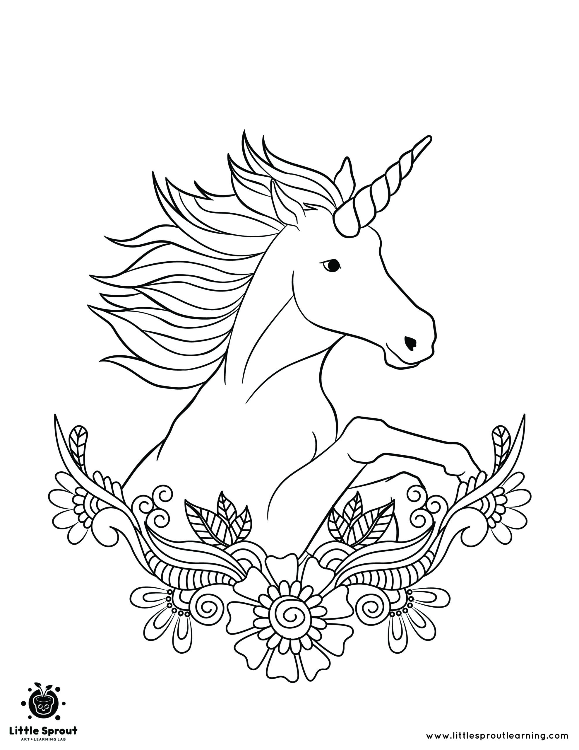 Flowers and Unicorn Coloring Page