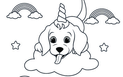 Rainbows and a Unicorn Dog Coloring Page