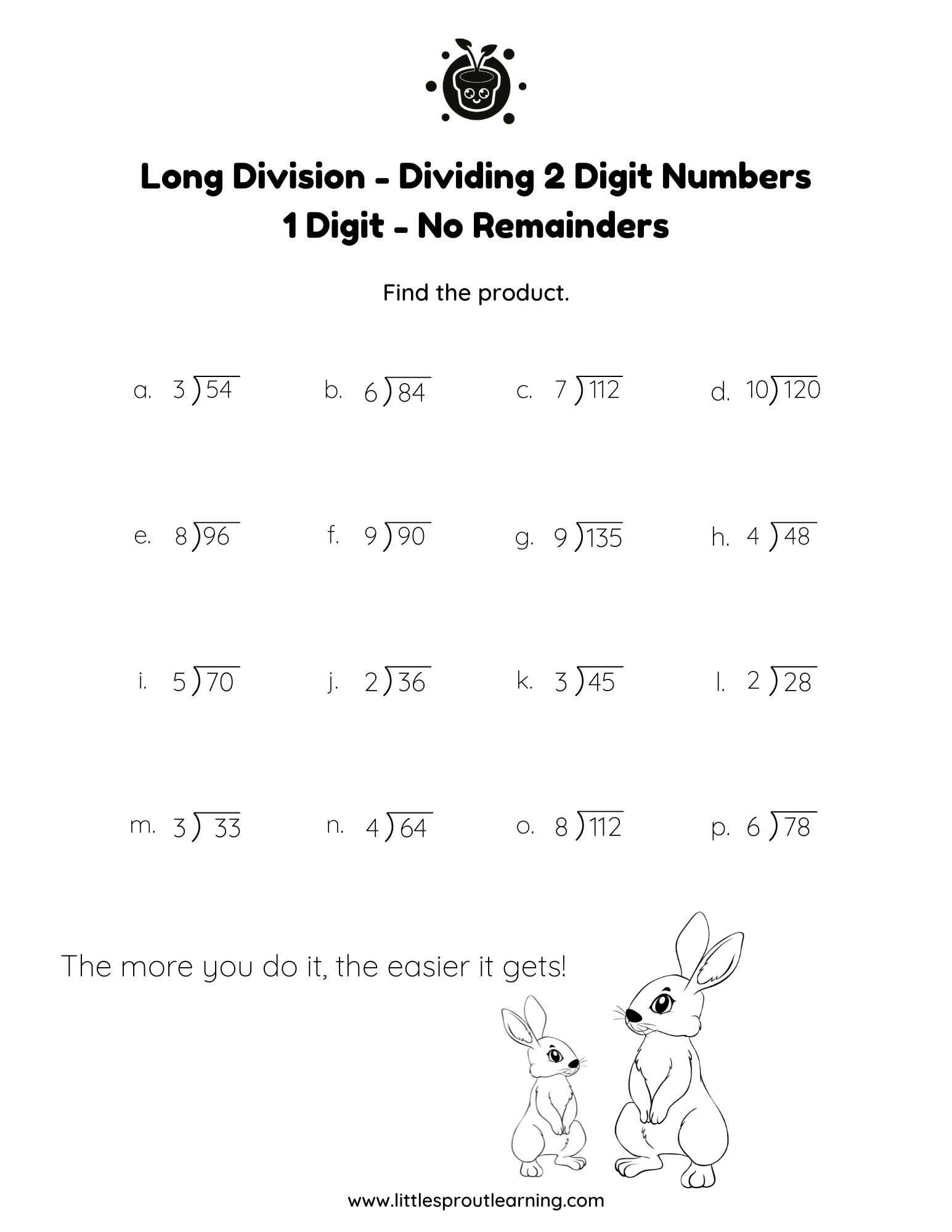 Grade 4 Long Division – Dividing 2 Digit Numbers – 1 Digit – No Remainders