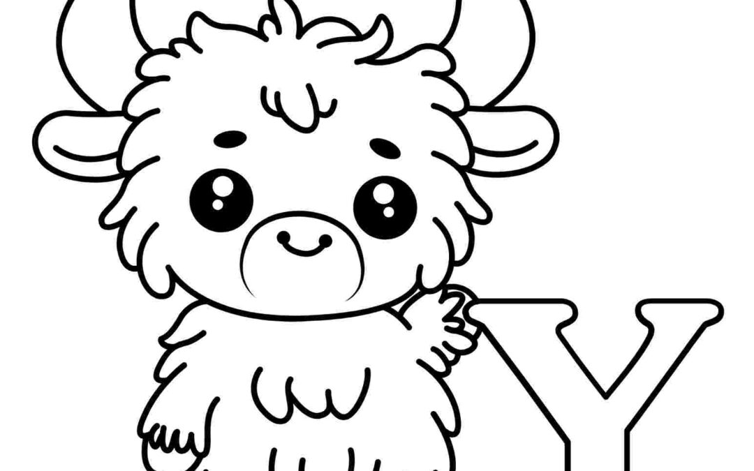 Alphabet coloring page with letter Y and a yak illustration for children
