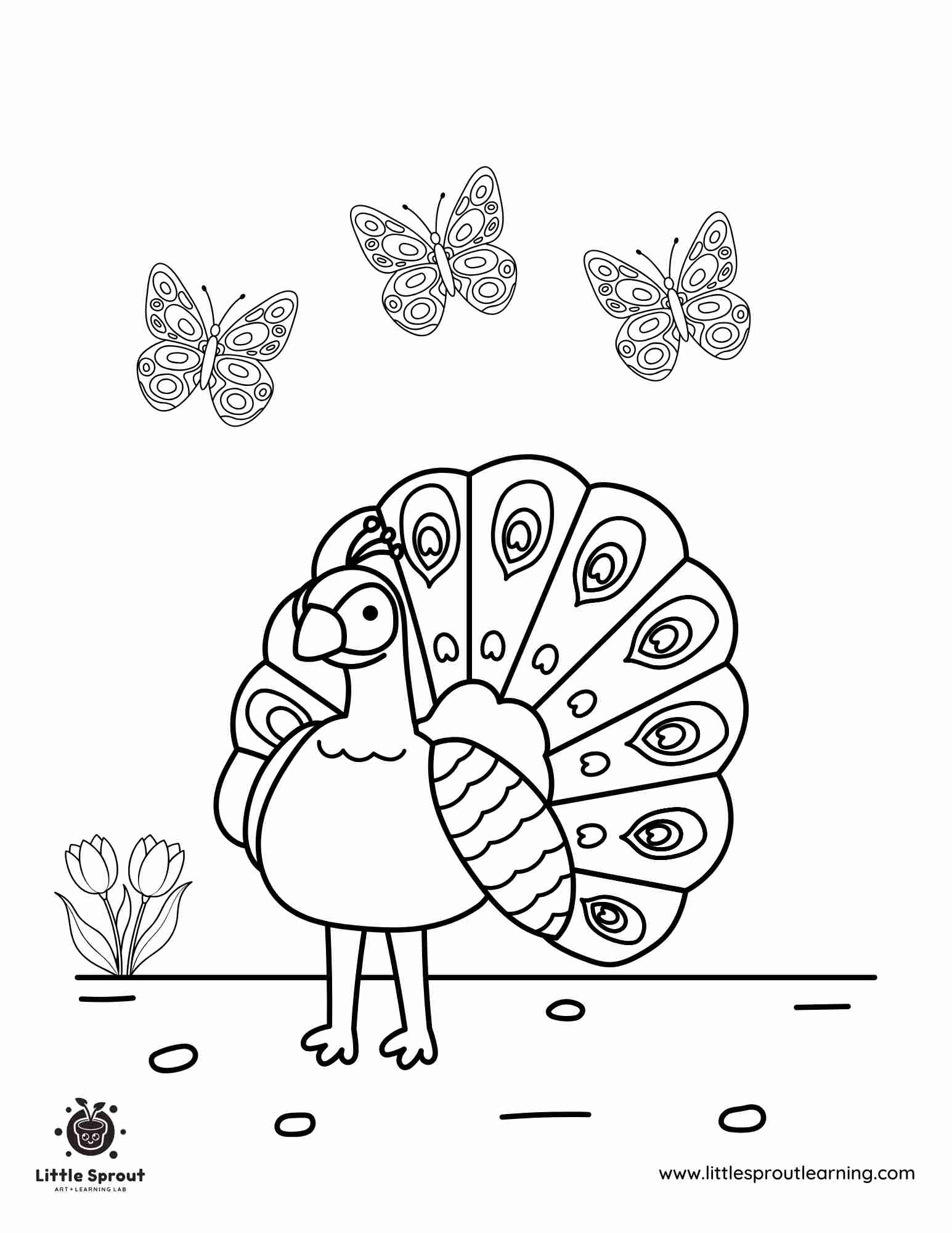 Butterflies and Peacock Coloring Page