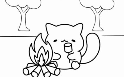 Camping Kawaii Cat Coloring Page