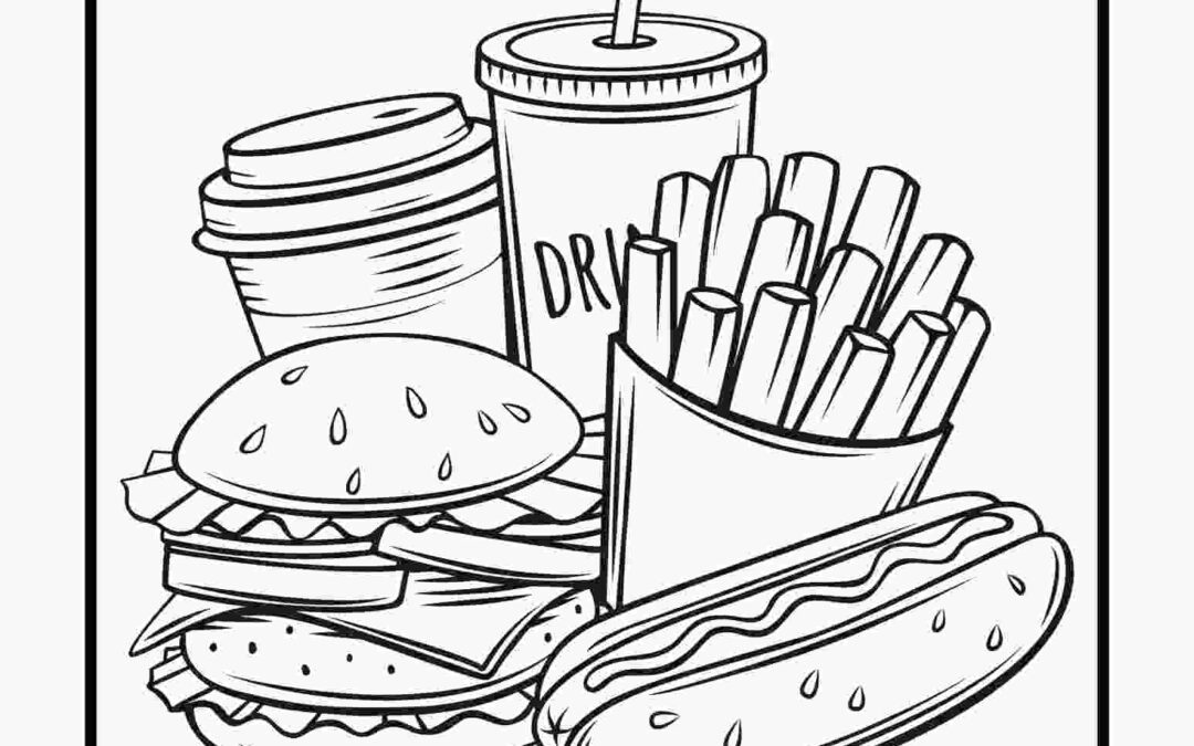 Junk food coloring page with burgers, fries, candy, and soda