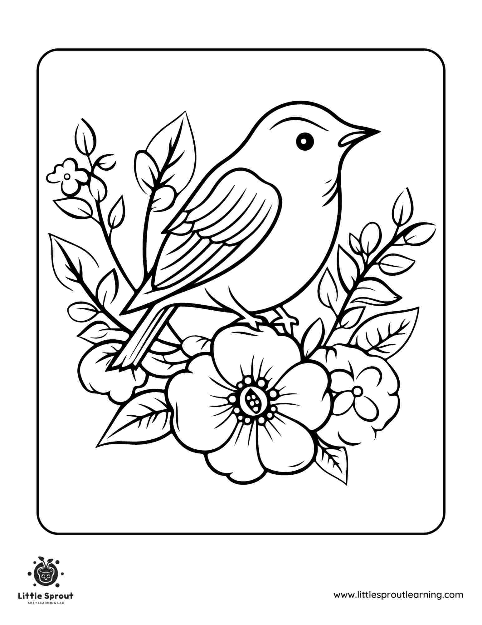 Flowers and Bird Coloring Page