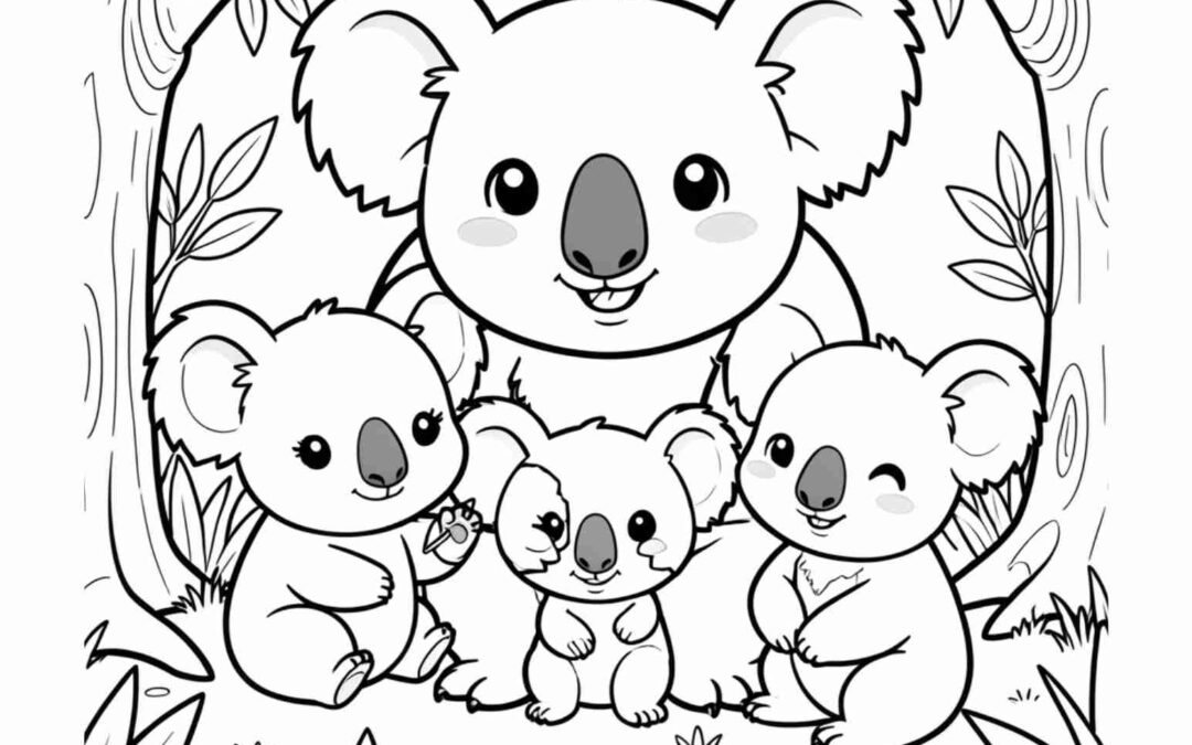 Koala Mom and Cubs coloring page