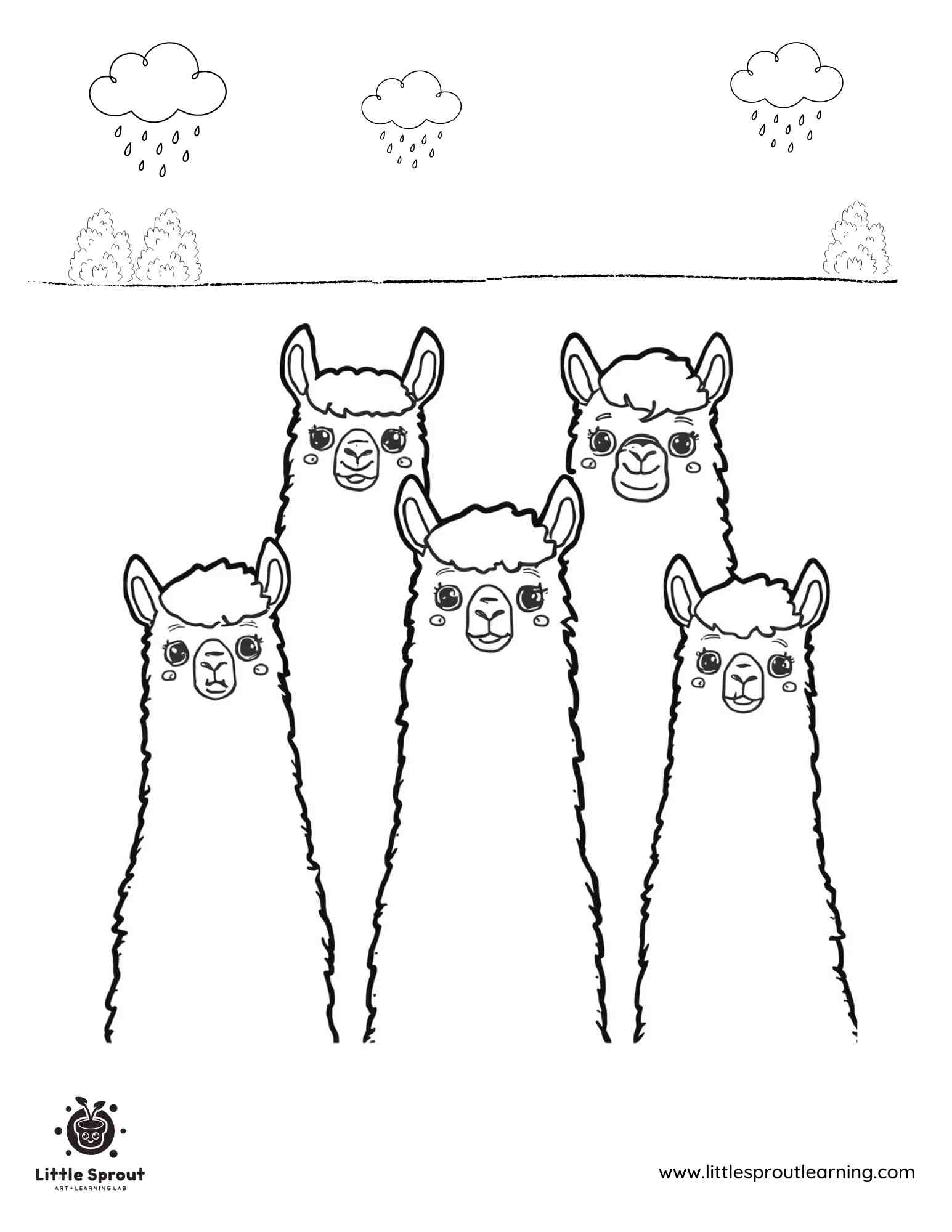 llamas in landscape coloring page clouds rain outdoor animal scene